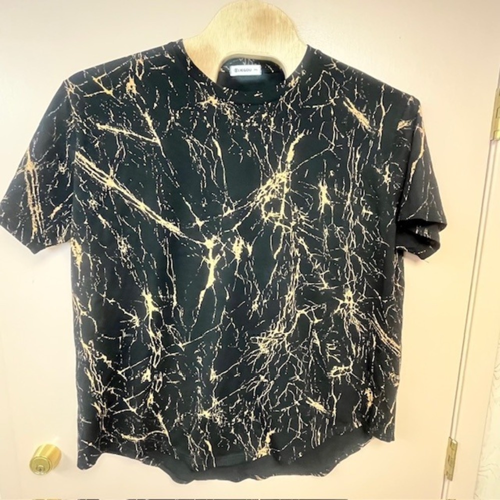 LieGou Mens 3XL Black Gold Marble Graphic Print T-Shirt Curved Hem Cotton Blend